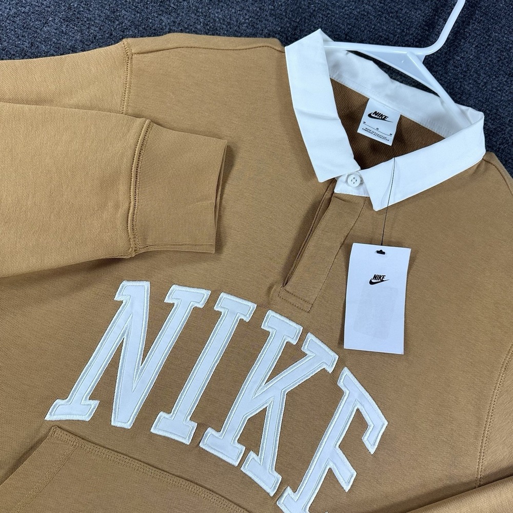 Nike Club Fleece Long Sleeve Flax White Polo Shirt‎ Men's Sz M (FN3112 224)